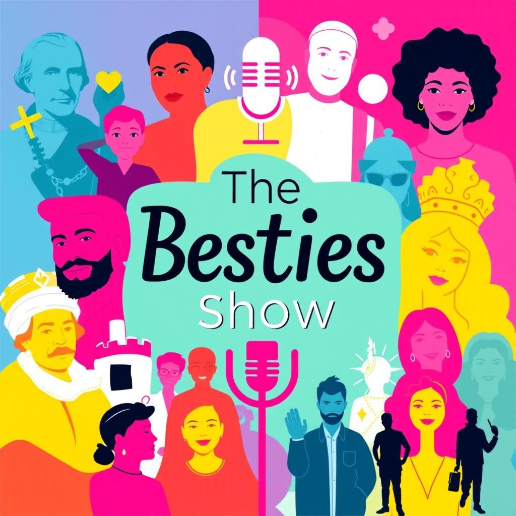 A vibrant and engaging podcast cover for 'The Besties Show', featuring a dynamic mix of historical figures, celebrities, and themes from life and society