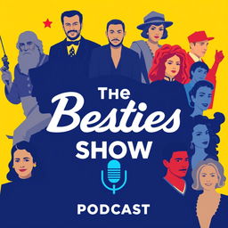 A vibrant and engaging podcast cover for 'The Besties Show', featuring a dynamic mix of historical figures, celebrities, and themes from life and society