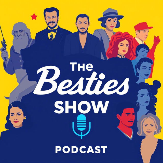 A vibrant and engaging podcast cover for 'The Besties Show', featuring a dynamic mix of historical figures, celebrities, and themes from life and society