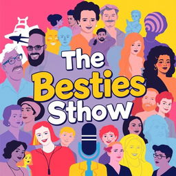 A vibrant and engaging podcast cover for 'The Besties Show', featuring a dynamic mix of historical figures, celebrities, and themes from life and society