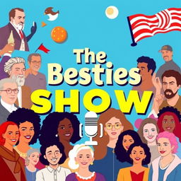 A vibrant and engaging podcast cover for 'The Besties Show', featuring a dynamic mix of historical figures, celebrities, and themes from life and society