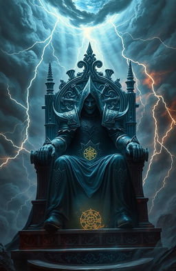 A mystical and dramatic scene depicting an Overlord figure seated majestically on a throne, surrounded by an aura of dark energy, with intricate patterns and symbols floating around them