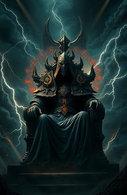 A mystical and dramatic scene depicting an Overlord figure seated majestically on a throne, surrounded by an aura of dark energy, with intricate patterns and symbols floating around them