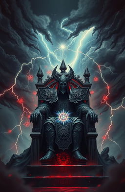 A mystical and dramatic scene depicting an Overlord figure seated majestically on a throne, surrounded by an aura of dark energy, with intricate patterns and symbols floating around them