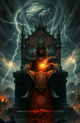 A mystical and dramatic scene depicting an Overlord figure seated majestically on a throne, surrounded by an aura of dark energy, with intricate patterns and symbols floating around them