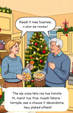 A cozy, festive kitchen scene during Christmas time, showing a couple having a light-hearted disagreement about the best way to store potatoes