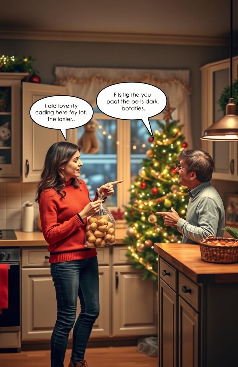 A cozy, festive kitchen scene during Christmas time, showing a couple having a light-hearted disagreement about the best way to store potatoes