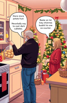 A cozy, festive kitchen scene during Christmas time, showing a couple having a light-hearted disagreement about the best way to store potatoes