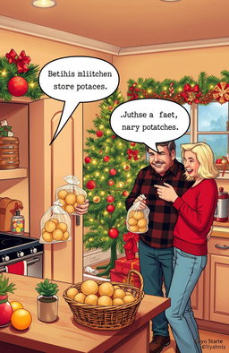 A cozy, festive kitchen scene during Christmas time, showing a couple having a light-hearted disagreement about the best way to store potatoes
