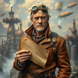 A 1900s older blonde male explorer dressed in detailed steampunk attire, complete with a vintage leather jacket adorned with brass gears, goggles atop his head, and a rugged, weathered map in hand