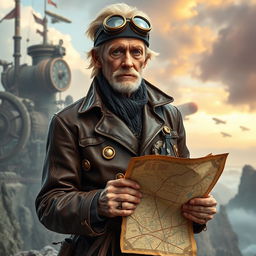 A 1900s older blonde male explorer dressed in detailed steampunk attire, complete with a vintage leather jacket adorned with brass gears, goggles atop his head, and a rugged, weathered map in hand