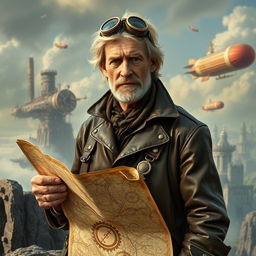 A 1900s older blonde male explorer dressed in detailed steampunk attire, complete with a vintage leather jacket adorned with brass gears, goggles atop his head, and a rugged, weathered map in hand