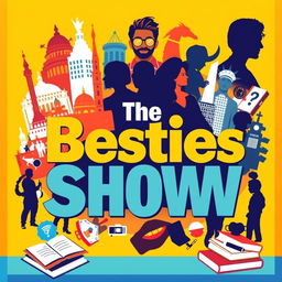 A vibrant and engaging podcast cover titled 'The Besties Show', featuring a dynamic collage that represents history, celebrities, life and society, crime, school, and study