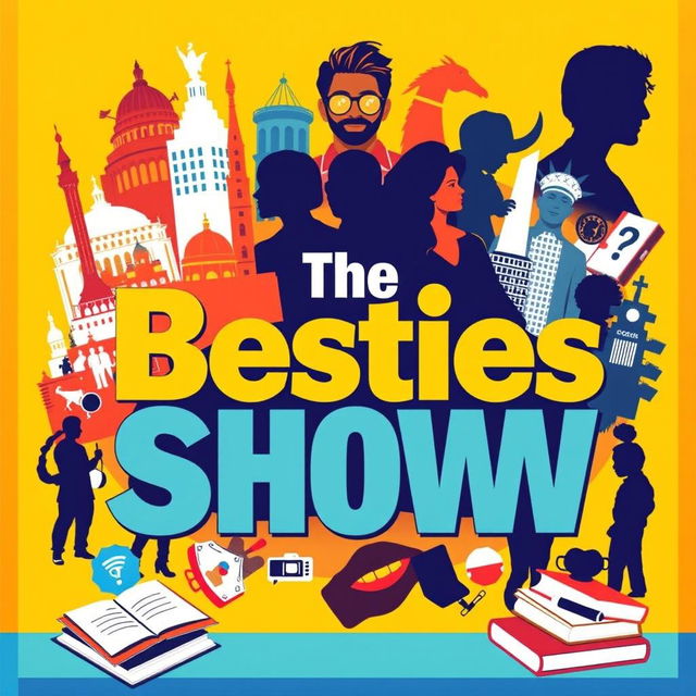 A vibrant and engaging podcast cover titled 'The Besties Show', featuring a dynamic collage that represents history, celebrities, life and society, crime, school, and study