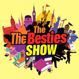 A vibrant and engaging podcast cover titled 'The Besties Show', featuring a dynamic collage that represents history, celebrities, life and society, crime, school, and study