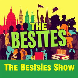 A vibrant and engaging podcast cover titled 'The Besties Show', featuring a dynamic collage that represents history, celebrities, life and society, crime, school, and study