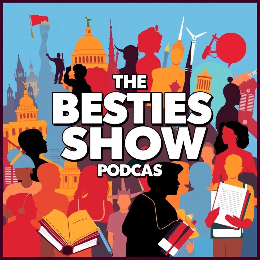 A vibrant and engaging podcast cover titled 'The Besties Show', featuring a dynamic collage that represents history, celebrities, life and society, crime, school, and study