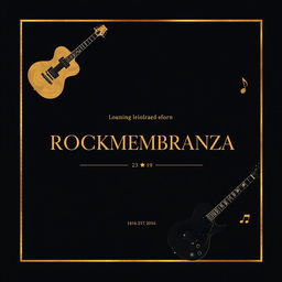 An elegant flyer design for the band ROCKMEMBRANZA, featuring a minimalist aesthetic with a dark background and gold accents