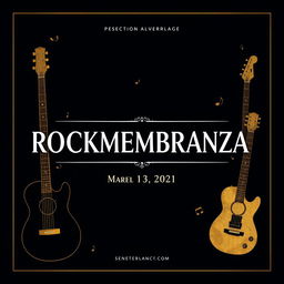 An elegant flyer design for the band ROCKMEMBRANZA, featuring a minimalist aesthetic with a dark background and gold accents