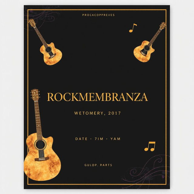 An elegant flyer design for the band ROCKMEMBRANZA, featuring a minimalist aesthetic with a dark background and gold accents