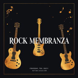 An elegant flyer design for the band ROCKMEMBRANZA, featuring a minimalist aesthetic with a dark background and gold accents