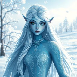 A beautiful frost-touched elf, with shimmering icy-blue skin and long, flowing white hair that sparkles like frost in the sunlight