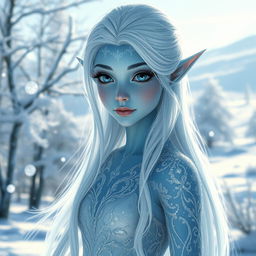 A beautiful frost-touched elf, with shimmering icy-blue skin and long, flowing white hair that sparkles like frost in the sunlight