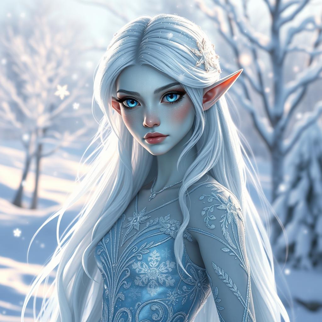 A beautiful frost-touched elf, with shimmering icy-blue skin and long, flowing white hair that sparkles like frost in the sunlight