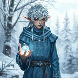 A frost-touched male elf villager standing in a wintry landscape, adorned in intricate icy blue and silver robes with delicate snowflake patterns