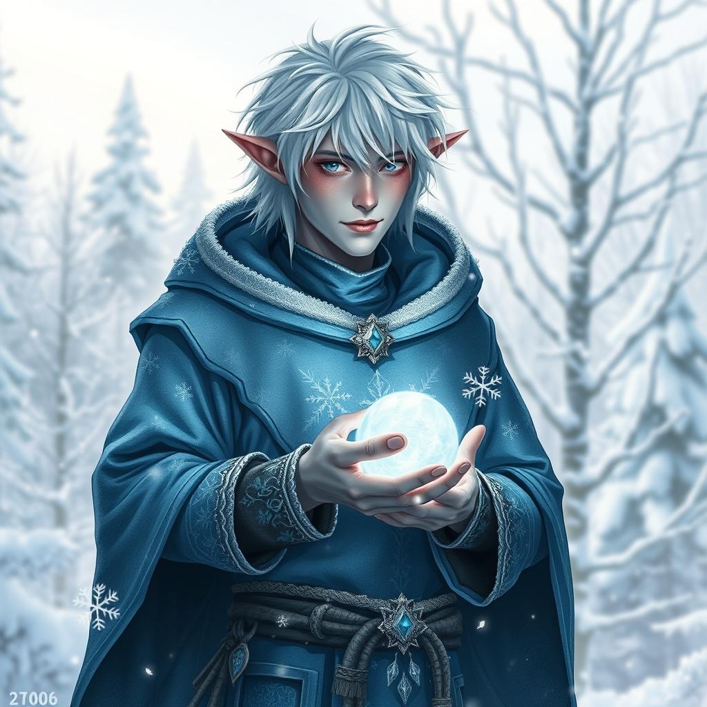 A frost-touched male elf villager standing in a wintry landscape, adorned in intricate icy blue and silver robes with delicate snowflake patterns