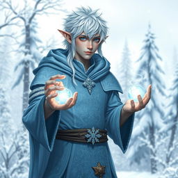 A frost-touched male elf villager standing in a wintry landscape, adorned in intricate icy blue and silver robes with delicate snowflake patterns