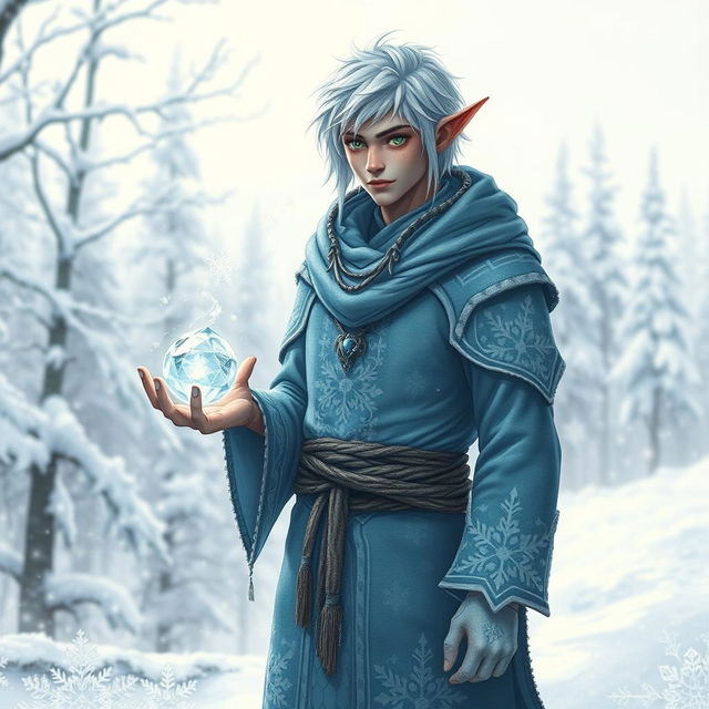 A frost-touched male elf villager standing in a wintry landscape, adorned in intricate icy blue and silver robes with delicate snowflake patterns