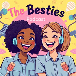A vibrant podcast cover featuring two girls as the main subjects