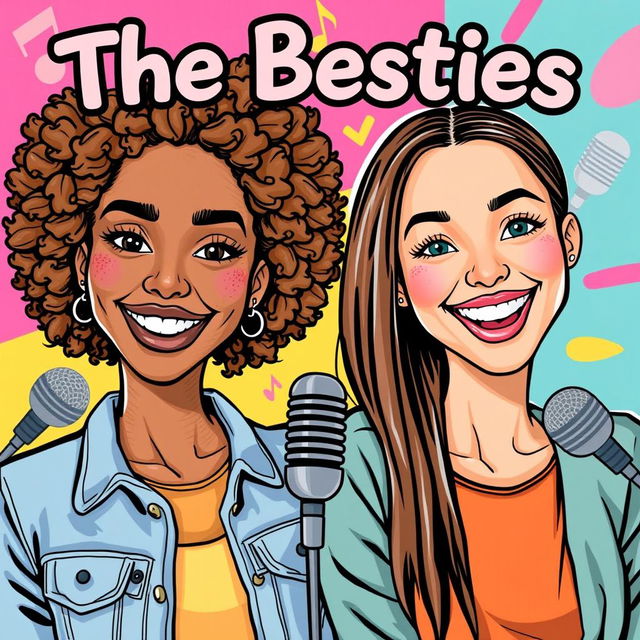 A vibrant podcast cover featuring two girls as the main subjects