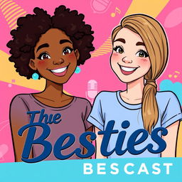 A vibrant podcast cover featuring two girls as the main subjects