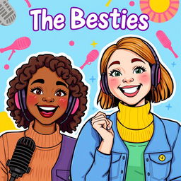 A vibrant podcast cover featuring two girls as the main subjects