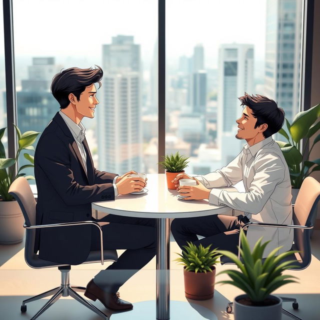 A heartwarming scene featuring two young men in a modern business setting, sharing a light-hearted moment over coffee