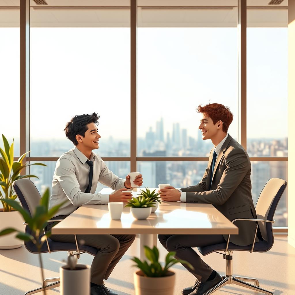 A heartwarming scene featuring two young men in a modern business setting, sharing a light-hearted moment over coffee