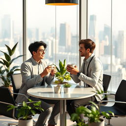 A heartwarming scene featuring two young men in a modern business setting, sharing a light-hearted moment over coffee