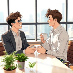 A heartwarming scene featuring two young men in a modern business setting, sharing a light-hearted moment over coffee