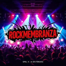 A vibrant and eye-catching flyer for the band 'ROCKMEMBRANZA', showcasing a dynamic rock theme