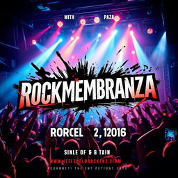 A vibrant and eye-catching flyer for the band 'ROCKMEMBRANZA', showcasing a dynamic rock theme
