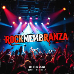 A vibrant and eye-catching flyer for the band 'ROCKMEMBRANZA', showcasing a dynamic rock theme