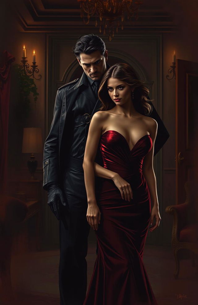 A dark romance scene depicting a imposing bodyguard with a rugged appearance, standing protectively beside a beautiful, sophisticated heiress, dressed in an elegant gown