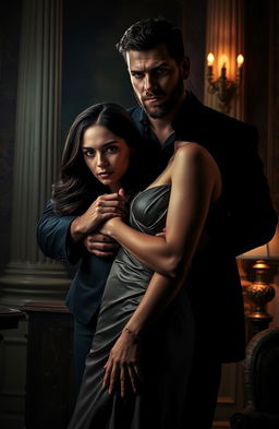 A dark romance scene depicting a imposing bodyguard with a rugged appearance, standing protectively beside a beautiful, sophisticated heiress, dressed in an elegant gown