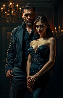 A dark romance scene depicting a imposing bodyguard with a rugged appearance, standing protectively beside a beautiful, sophisticated heiress, dressed in an elegant gown