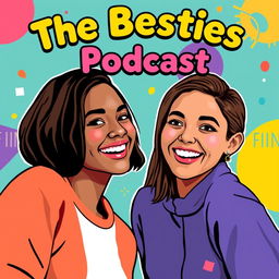 A vibrant podcast cover featuring two girls as the main focus