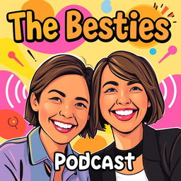 A vibrant podcast cover featuring two girls as the main focus