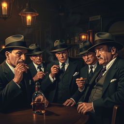 A classic mafia scene set in a dimly lit, vintage speakeasy bar, featuring a group of elegantly dressed gangsters with fedoras, smoking cigars, and plotting their next move