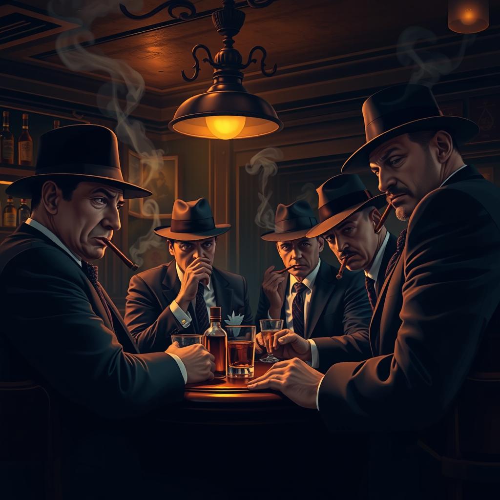 A classic mafia scene set in a dimly lit, vintage speakeasy bar, featuring a group of elegantly dressed gangsters with fedoras, smoking cigars, and plotting their next move